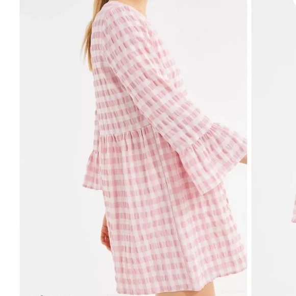 UO Exclusive pink & white textured checked bell ls babydoll dress size XS in EUC - Picture 2 of 16